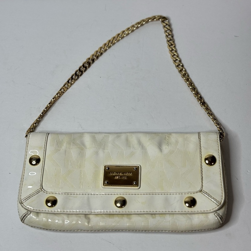 MICHAEL KORS Delancy Delancey Monogramed Mirror White Clutch